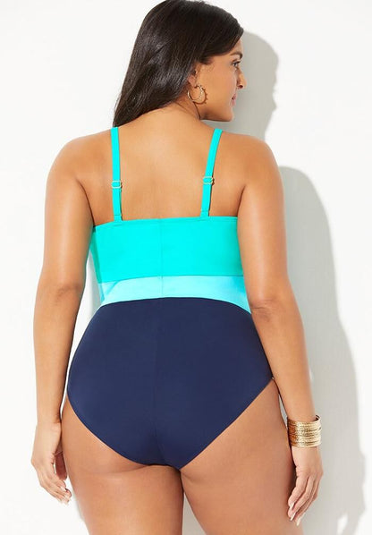 Colorblock V-Neck One Piece Swimsuit