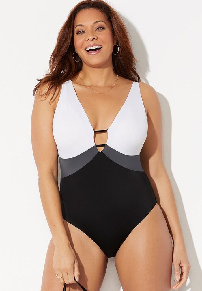 Colorblock V-Neck One Piece Swimsuit