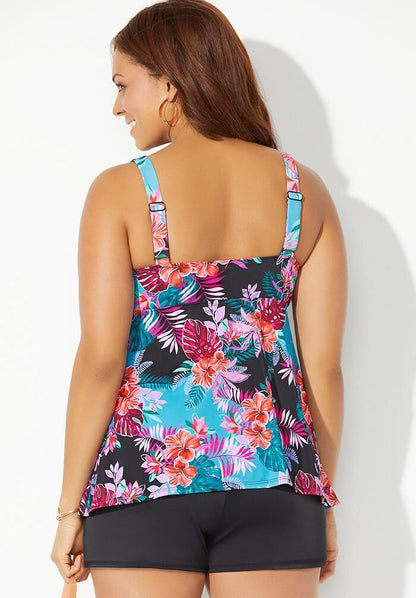 V-Neck Flowy Tankini Set with Banded Short