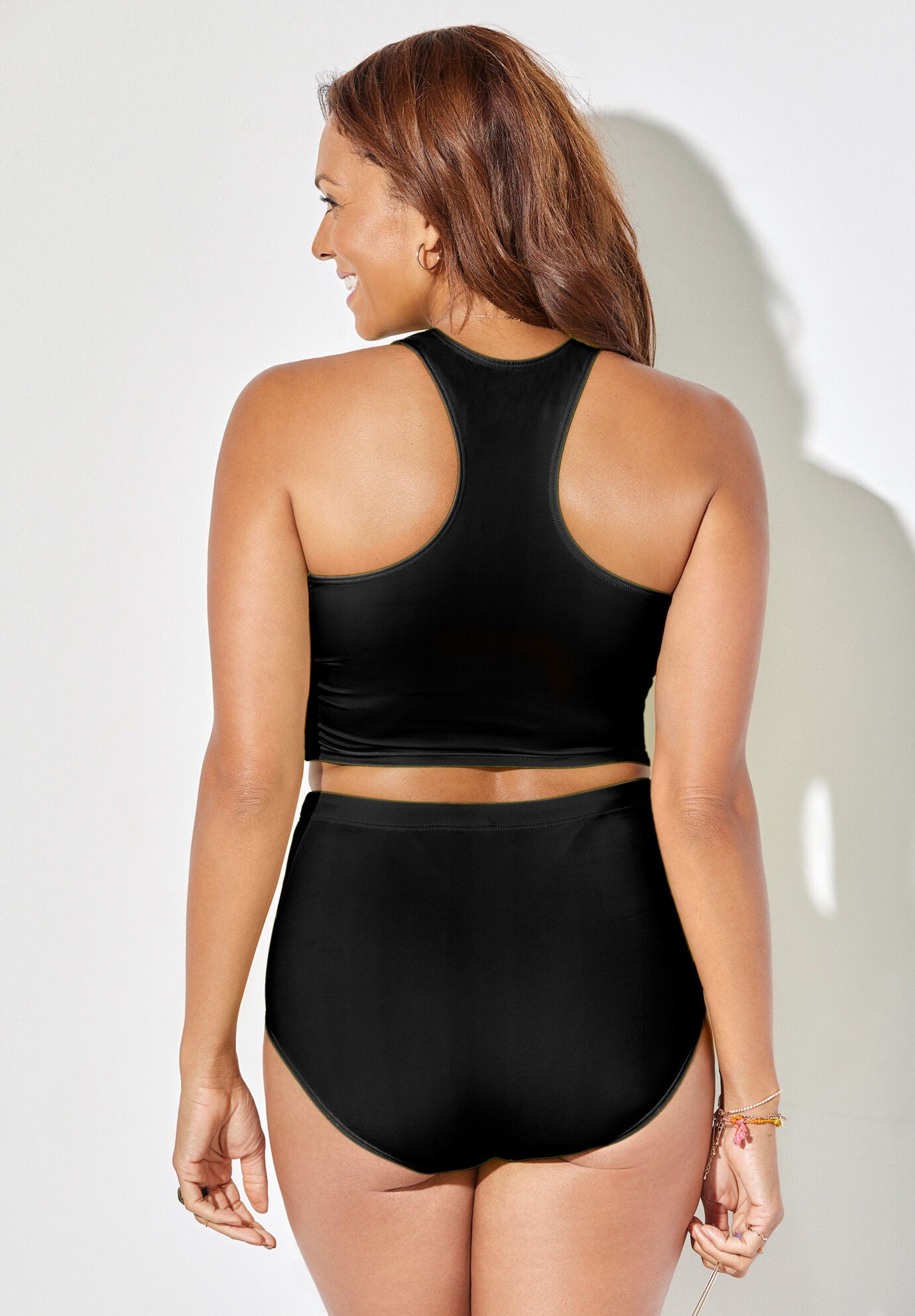 Cropped Racerback Shirred High Waist Tankini Set